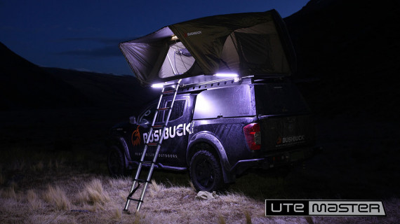 Roof Top Tent Mounted to Utemaster Centurion Canopy Nissan Navara 4x4 Overlanding Bushbuck AUS Night Lights