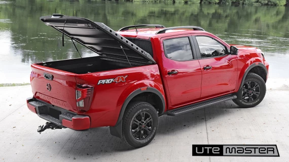 Ute Hard Lid to suit Nissan Navara Pro 4x Tonneau Black Red Tough Checkerplate Cover open